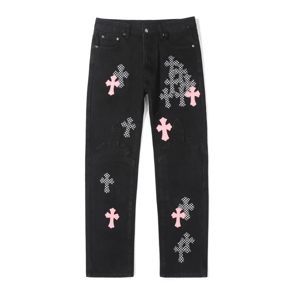P280 (top version) Chrome hearts new city-limited flame plaid black and pink jeans Chrome hearts city-limited jeans Hardware customization Original development vintage levis American-made 501 black and gray base remake Levi's American-made 501 base imported sheepskin 925 silver remake [Top heavy industry fashion design] Consistently high-street luxury style. Speaking of this style, the Zangyin family and GU family are definitely the leading representative brands. Especially the Zangyin family has really achieved a state-of-the-art effect in creating high-street style. The unique washed material is used to create this style. The color system is already quite eye-catching. After it is decorated with patchwork cross flowers, it cleverly highlights the charm of the brand. Secondly, this style uses classic The high-waist cutting design highlights the long legs and fashionable temperament of the upper body. The brand is highly recognizable and the slim fit configuration is more suitable for daily wear. It is a product that interprets personality, fashion, and specifications at a glance. This single product is enough to make any fan excited. It can be a white T-shirt for a youthful college style, or a tight suspender for a royal style. It has strong matching ability and can be easily controlled by men.  [Materials and craftsmanship] Needless to say, this point goes without saying. As an excellent craftsman brand, Zangyin’s requirements for details and craftsmanship are really perfect. The washed color of this model has gone through so many processes, not to mention the embellishment of denim appliques. It is also purely hand-made and sewn. Just like what they believe in, only hand-made things have soul and have the meaning of wear. A top-notch heavy-duty fashionable denim item, I look forward to your perfect interpretation! !  Color: Black Size: S M L XL